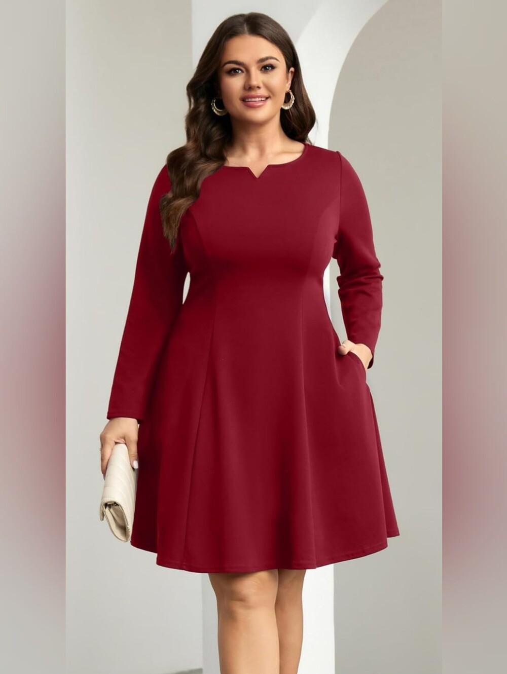 NWT Burgundy Long Sleeve A-Line Dress Pockets Size Large Plus